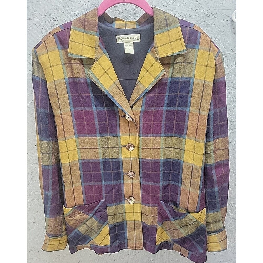 Vintage 80's Banana Republic Rayon Plaid Brown Burgundy lined Blazer Jacket Sz M